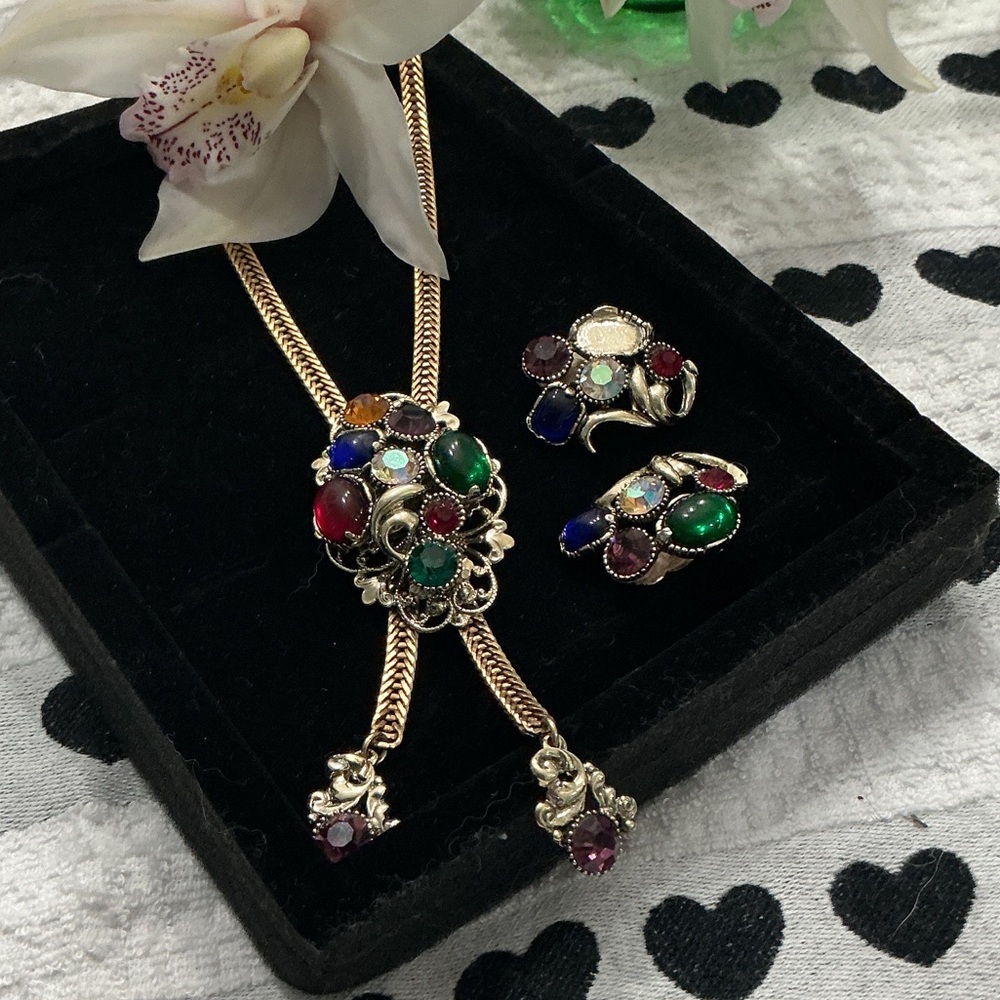 Vibrant Vintage Gemstone Slide Necklace and Earrings Set